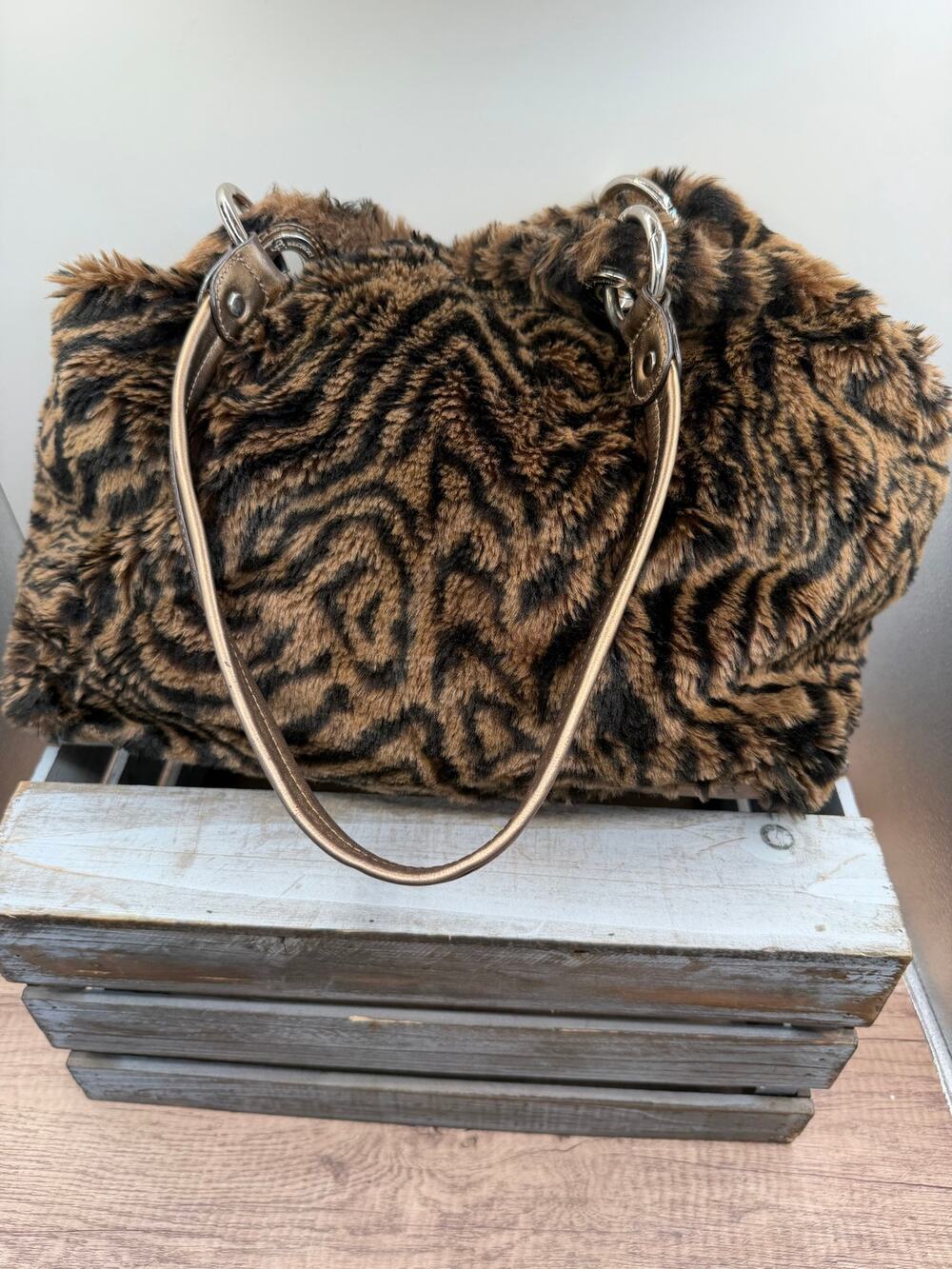 B Makowsky Animal Print Faux Fur Shoulder Bag Tote - Metallic Leather Handles